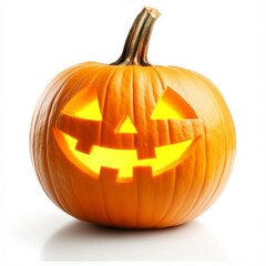 Obraz premium Illuminated Jack-o'-lantern Glowing Halloween Pumpkin, Close-up Studio Shot, White Background, Holiday Decoration Halloween, Pumpkin Carving