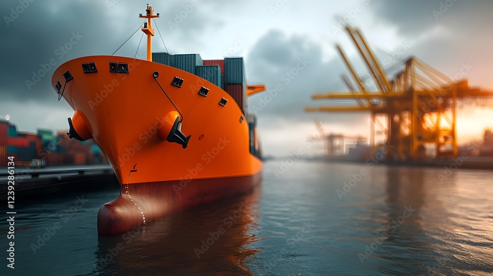 Poster futuristic high tech cargo port with vertical docking for autonomous ships ai guided loading cranes 
