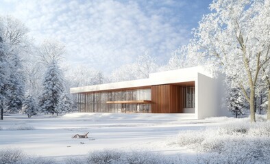 Modern white house in snowy winter forest.