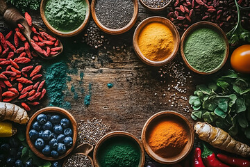 Vibrant display of natural ingredients and superfoods arranged neatly on wooden surface