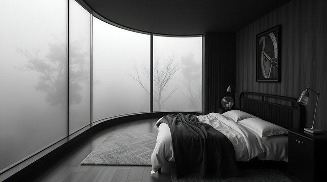 Classic black and white interior bed designs in a thick foggy setting, conveying a timeless and elegant aesthetic.