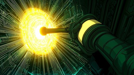 A high-tech robotic hand lifting a radiant gavel, with digital patterns surrounding the scene to signify AI innovation in justice