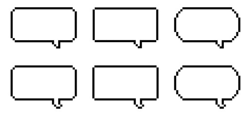 set of 6 Pixelated speech bubbles in different shapes, speech bubbles icons, speech bubbles for retro games, pixel art.	