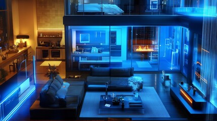 Fototapeta premium Neon-Lit Smart Apartment Top-Down Composition, Futuristic Interior Design, Blue Lighting, Modern Living Space Smart home, apartment design