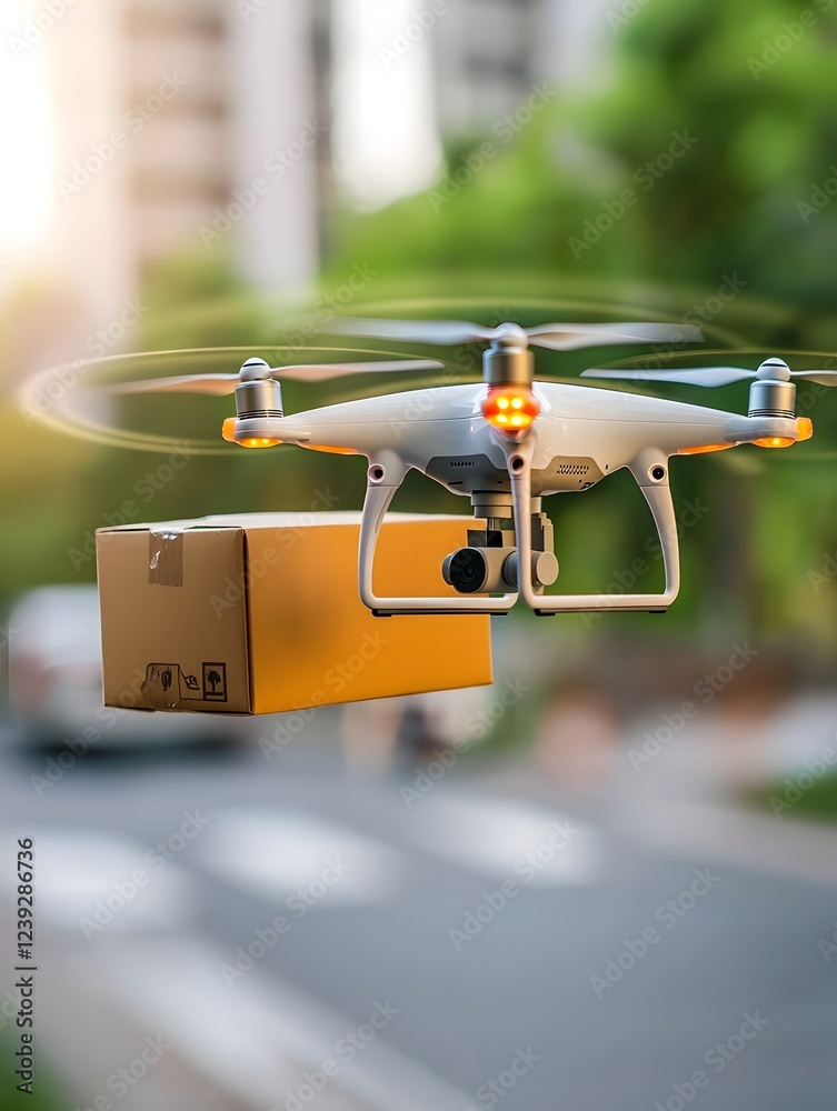Poster futuristic image depicting a drone powered urban delivery network with ai optimized flight paths and