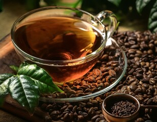 una mezcla de granos de cafe tostados con hojas de t&eacute; e infusi&oacute;n