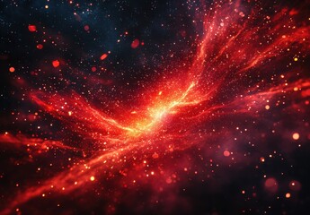 Obraz premium Stunning Abstract Representation of Cosmic Nebula in Vibrant Red and Orange Colors with Glowing Stars and Space Dust Particles in the Universe