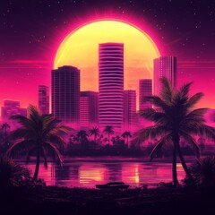 Retro Sunset Cityscape Neon Buildings, Palm Trees and a Vibrant Sun, digital art, synthwave Synthwave, Retrofuturism