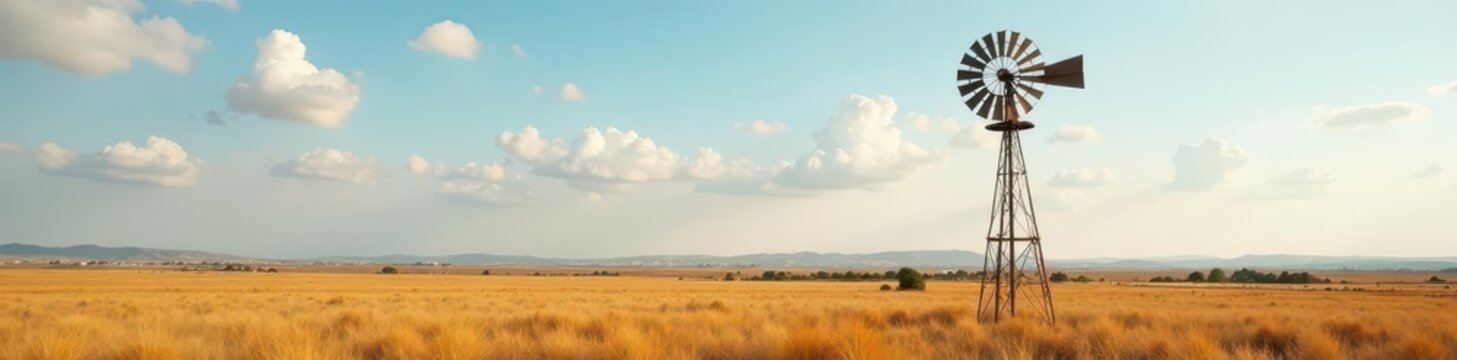 Classic windmill stands tall on a vast ranch landscape , nature, rustic, blades