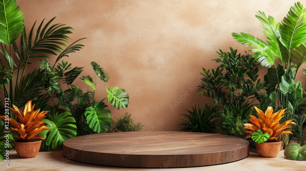 Poster a wooden podium is centrally placed against a warm, textured wall, surrounded by tropical plants and