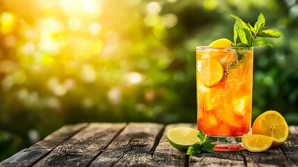 Refreshing summer beverage with citrus and mint garnished in a vibrant outdoor setting during golden hour