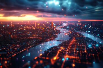 Fototapeta premium Stunning Aerial View of Urban Cityscape at Dusk with Reflections on River and Sparkling Lights under Dramatic Cloudy Sky