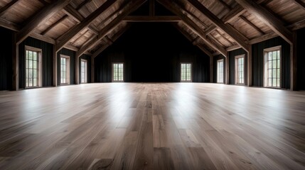 Spacious wooden barn interior, high ceiling, hardwood floor, event venue