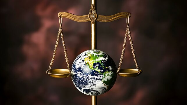 A high-contrast depiction of a justice scale balancing a polished globe, symbolizing universal law and global harmony, with a moody backdrop