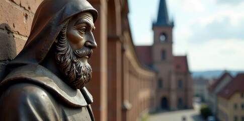 Close-up, intricate carving of a pilgrim figure against Speyer Cathedral backdrop , heritage, history, Rhine
