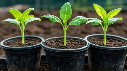 New seedlings thriving in small pots waiting for transplant in a garden on a sunny day
