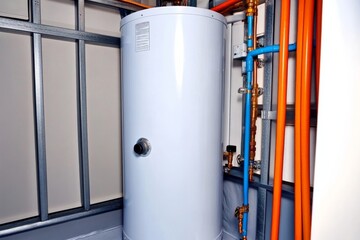 White Cylinder Hot Water Tank with Plumbing System, Vertical Composition, Blue and Orange Pipes, Water Heater Installation Hot water tank, plumbing system