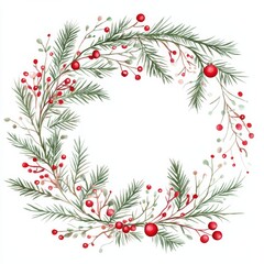Watercolor Christmas Wreath Circular Composition of Pine, Berries and Ornament, Holiday Decor, Winter Botanical, Christmas Card Christmas wreath, watercolor painting