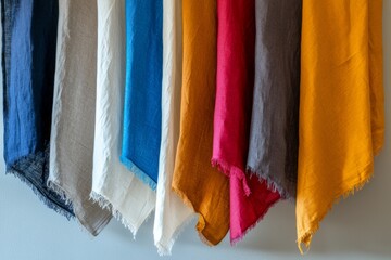 Naklejka premium Colorful fabric swatches displayed in modern interior setting showcasing textile texture and variety