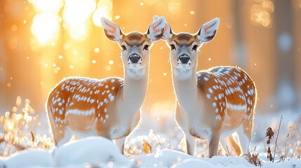 Two fawns standing in a snowy forest at sunrise with golden light filling the background