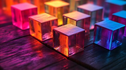Year cubes transitioning from 2024 to 2025 on a wooden surface, with a modern aesthetic and vibrant gradient lighting