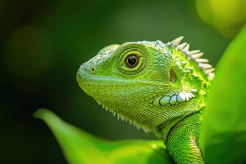 Fototapeta premium Green lizard perched on leaf with vibrant foliage in the background during daylight hours
