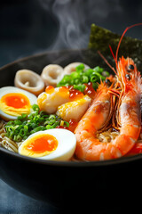 Delicious steaming bowl of shrimp ramen with fresh toppings and vibrant colors served in an elegant black bowl