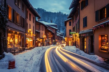 Obraz premium Streets lined with quaint shops car light trails dancing around them making for a picturesque snowy evening