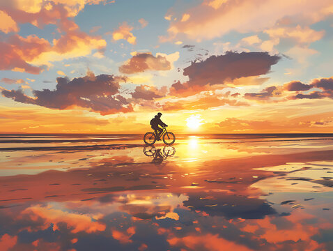 A cyclist rides along the beach at sunset, reflecting vibrant colors on the water. - Powered by Adobe