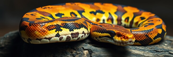 Obraz premium Brightly colored python resting on a wooden log in a natural habitat setting, showcasing its vibrant scales and patterns