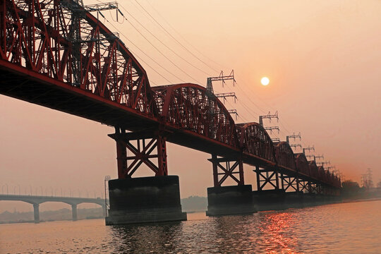 Hardinge Bridge is a Steel Railway Old Bridge over the Padma River in Ishwardi, Pabna, Bangladesh.Hardnge bridge in Foggy Winter morning.
