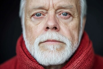 Portrait of an elder man with a white beard wearing a red sweater, showcasing deep blue eyes and a serious expression
