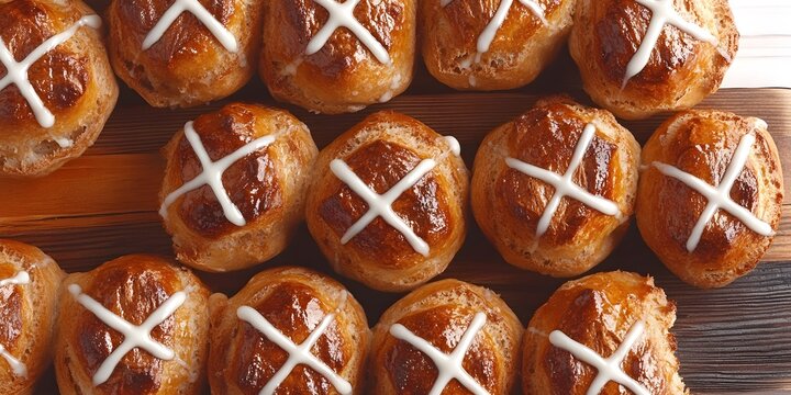 Miniature Easter Hot Cross Buns: A delightful close-up shot of numerous miniature hot cross buns, adorned with a classic white icing cross, arranged neatly on a rustic wooden board.