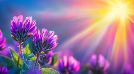 Obraz premium Vibrant purple flowers basking in sunlight on a clear day in a serene natural setting