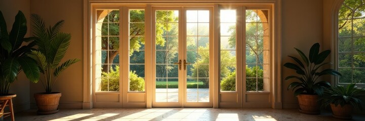 Fototapeta premium Elegant French doors, sunlight streaming through, country, light, building