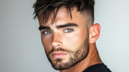 Fototapeta premium Handsome man portrait, studio shot, grey background, intense gaze, advertising
