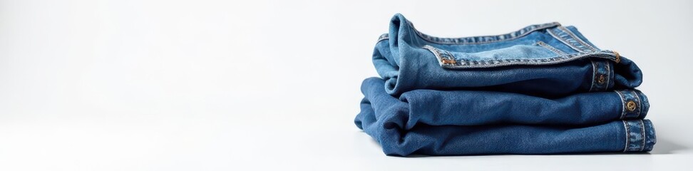 Folded and rumpled stack of denim over crisp white background with visible stitching ,  rumpled,  background,  texture