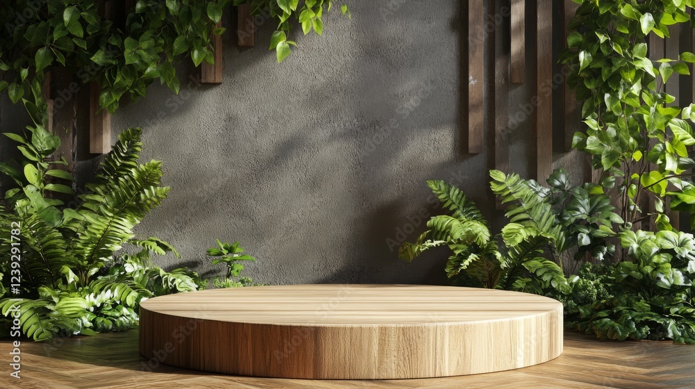 Aufkleber a wooden podium stands prominently in a bright space infused with vibrant spring foliage. various pl