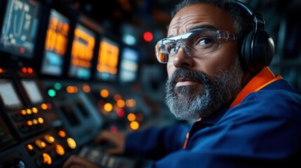 An experienced male worker engaged in operating advanced machinery, showcasing focus and dedication while expertly navigating the technological intricacies of his environment.