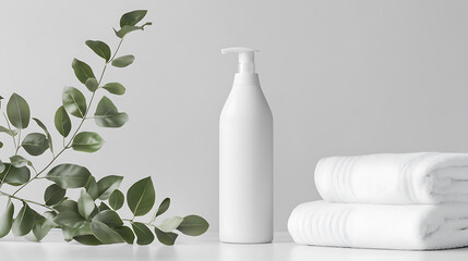 White cosmetic bottle mockup with green leaves. 3d rendering.