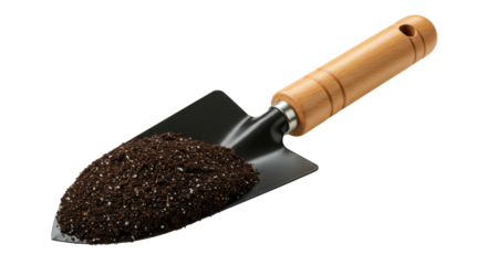 A Wooden Handled Garden Trowel with Soil on the Blade