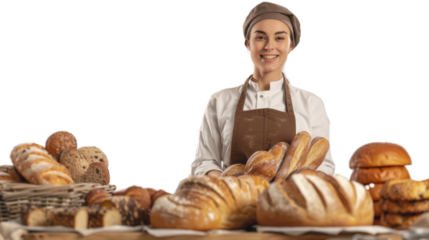 Baker woman with assortment of fresh baked bread on transparent background