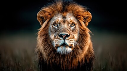 Obraz premium Majestic lion gazes directly at the camera in the grasslands during golden hour