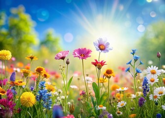 Fototapeta premium Vibrant Spring Meadow with Blooming Flowers and Copy Space for Text - Perfect for Seasonal Designs