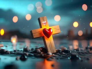 Glowing wooden crucifix entwined with a pulsing red heart resting on a sleek metal shore beneath a futuristic sky ablaze with neon lights  A powerful and emotive spiritual symbolism in a surreal