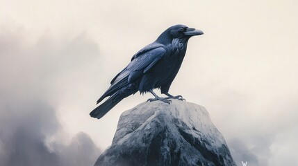 Raven perched on rock, misty mountain background, symbolic image