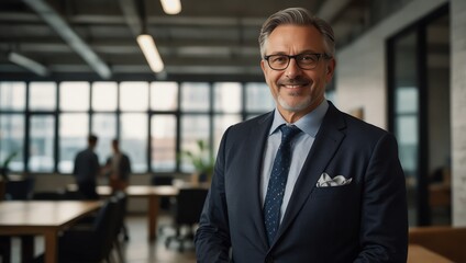Fototapeta premium Mature male professional in formal attire, standing with a confident demeanor in a contemporary co-working office