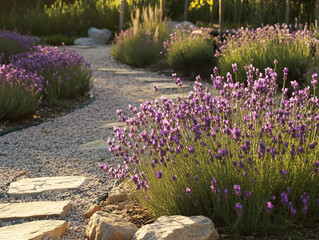 Fototapeta premium Scenic Stone Pathway Through a Blooming Lavender Field with Soft Golden Sunlight