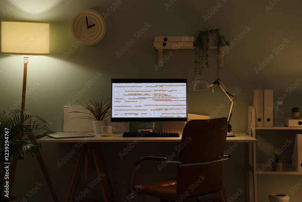 Wall mural workplace of programmer with modern computer and glowing lamps at evening in office