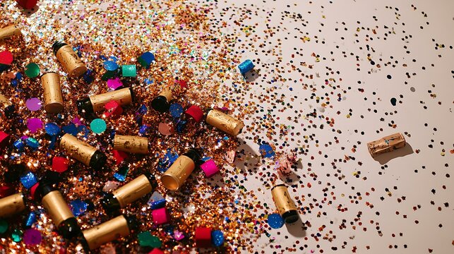 New Year's Eve corner layout with festive decor, champagne corks, and scattered glitter confetti on white